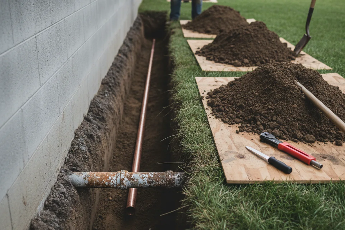 Excavated water line trench during Sewer Line Repair in Camden